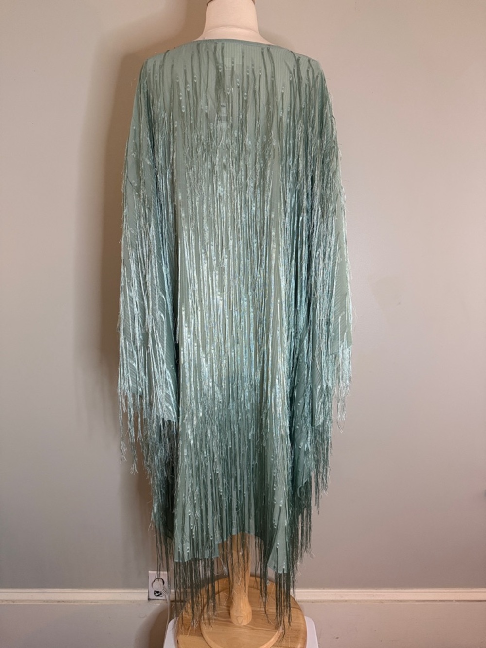 Anthropologie Sheer Mint Green Caftan Dress with Fringe - Picture 2 of 5